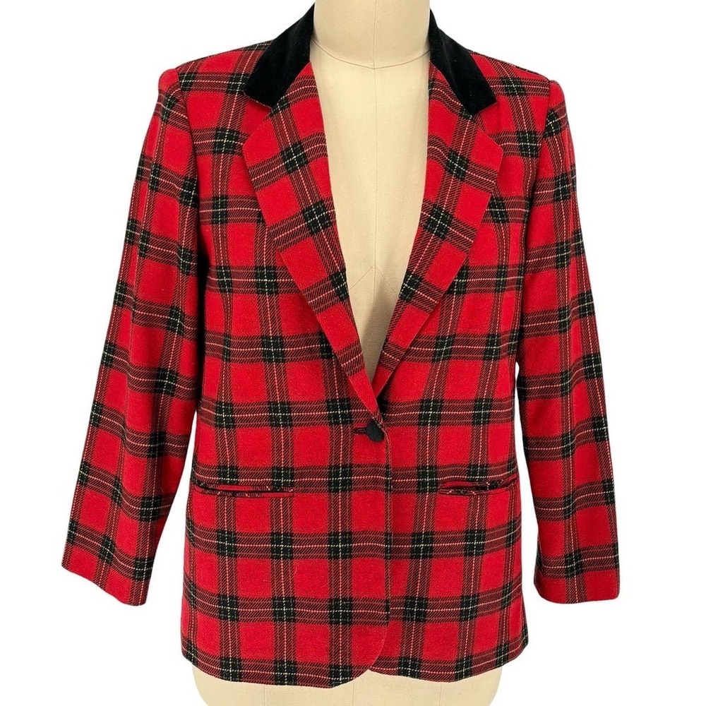 Vintage Sag Harbor Blazer Red Black Plaid Velvet‎ Collar Wool Blend 16